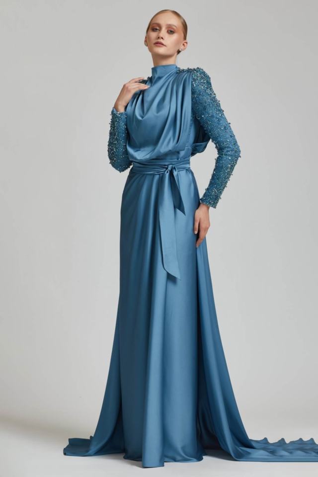 Ipeksi Saten Önü Ve Sırtı Bolero Tesettür Abiye | Nisaca Indigo