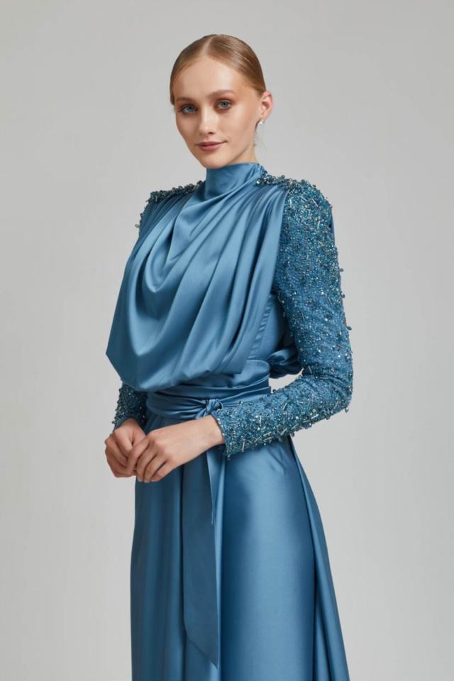 Ipeksi Saten Önü Ve Sırtı Bolero Tesettür Abiye | Nisaca Indigo