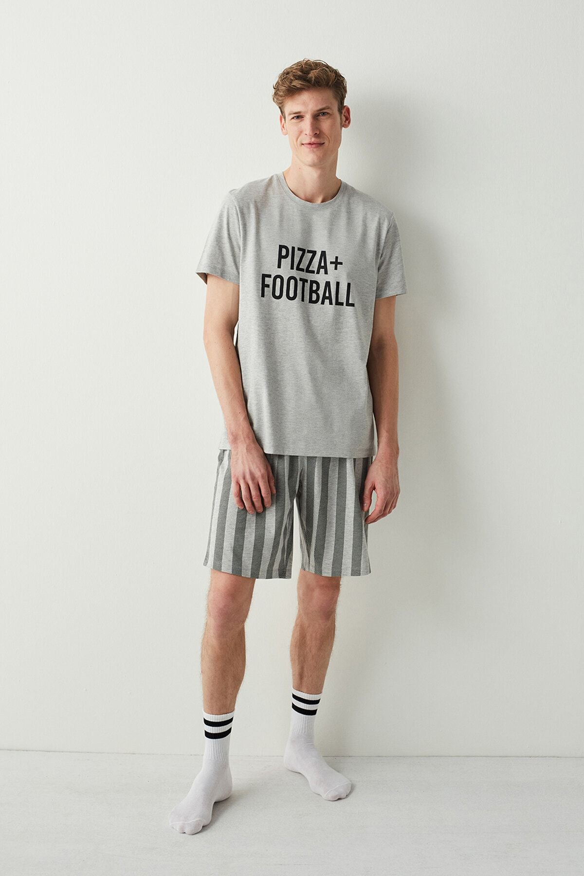 Gri Melanj Pizza After Football Şort Pijama Takımı