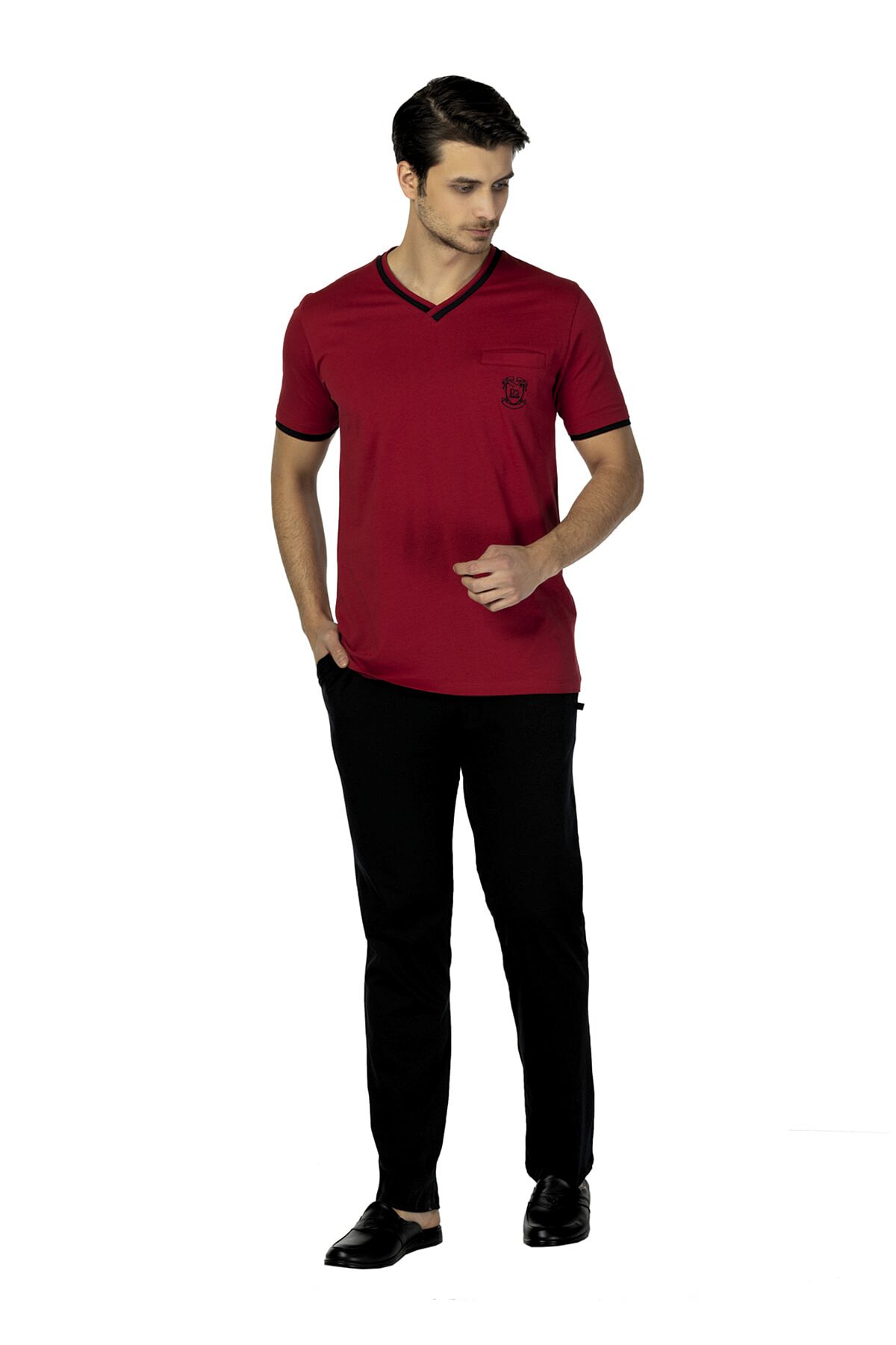 V-Neck Short Sleeve Pajamas Set Claret Red