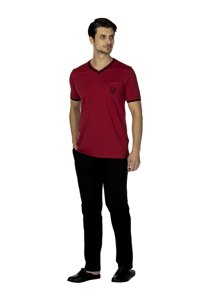 V Yaka Kısakol Pijama Takım Bordo