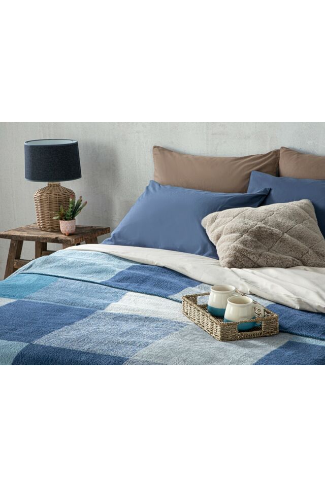 Block Pamuklu Çift Kişilik Battaniye 200x220 Cm Lacivert- Mavi