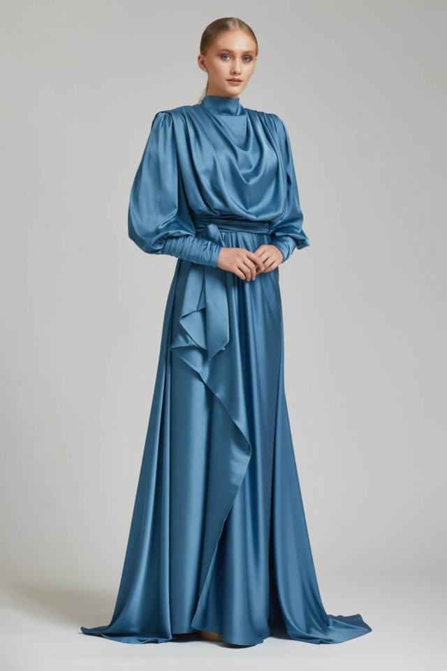 Silky Satin Front And Back Bolero Hijab Evening Dress|nisaca Indigo