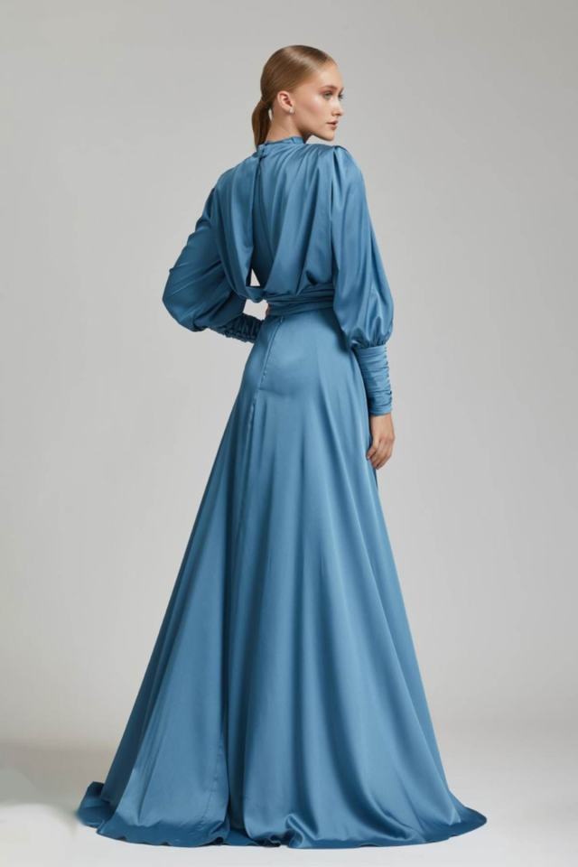 Silky Satin Front And Back Bolero Hijab Evening Dress|nisaca Indigo