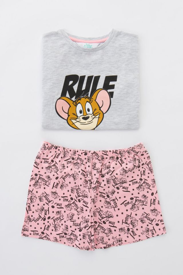 Girl's Pink Gray Printed Pajamas Set