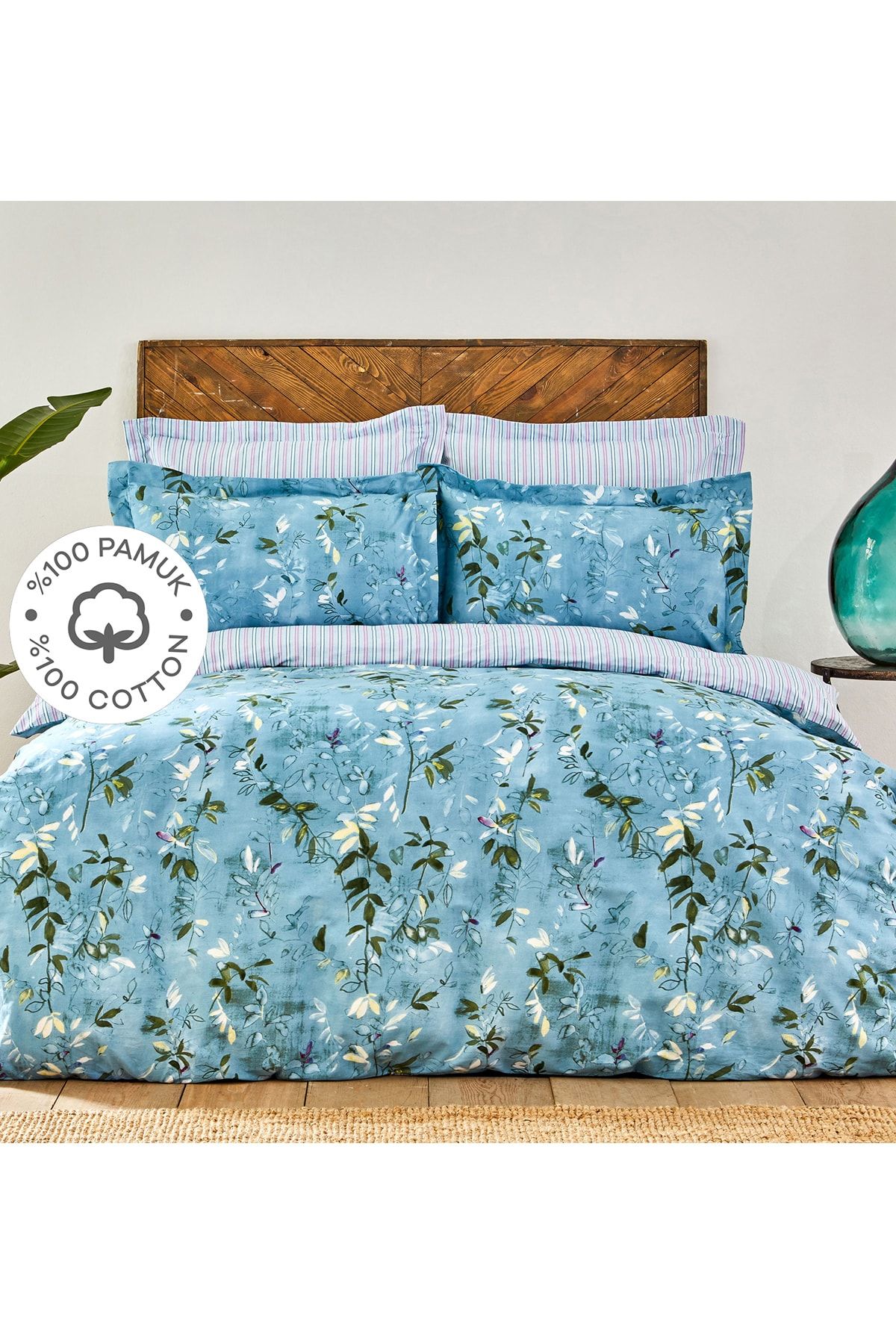 Orville Blue 100% Cotton Double Rubber Linen Duvet Cover Set