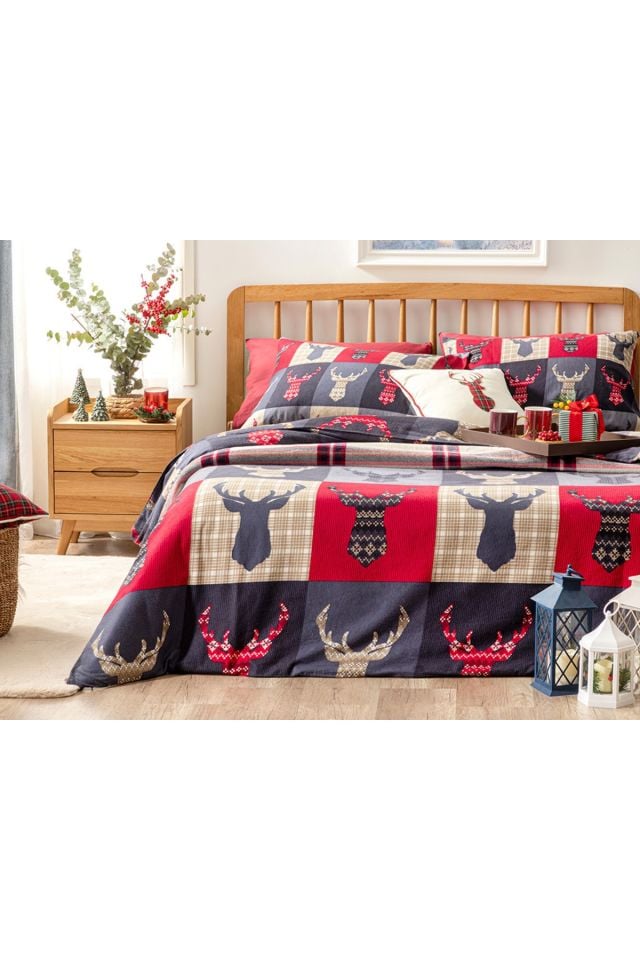 Patchy Deers Flannel Double Duvet Cover Set 200x220 Cm Dark Blue