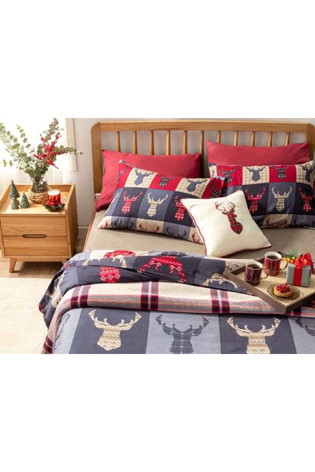 Patchy Deers Flanel Çift Kişilik Nevresim Takımı 200x220 Cm Koyu Mavi