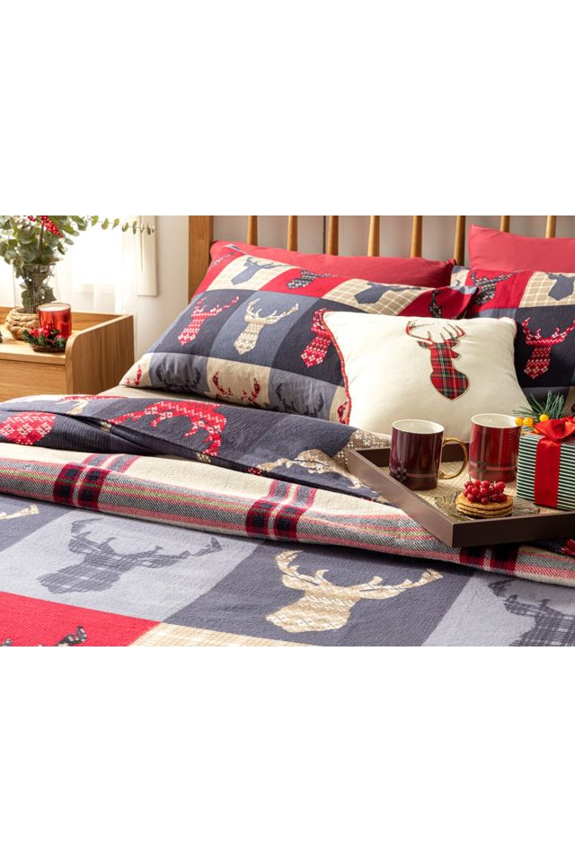 Patchy Deers Flanel Çift Kişilik Nevresim Takımı 200x220 Cm Koyu Mavi