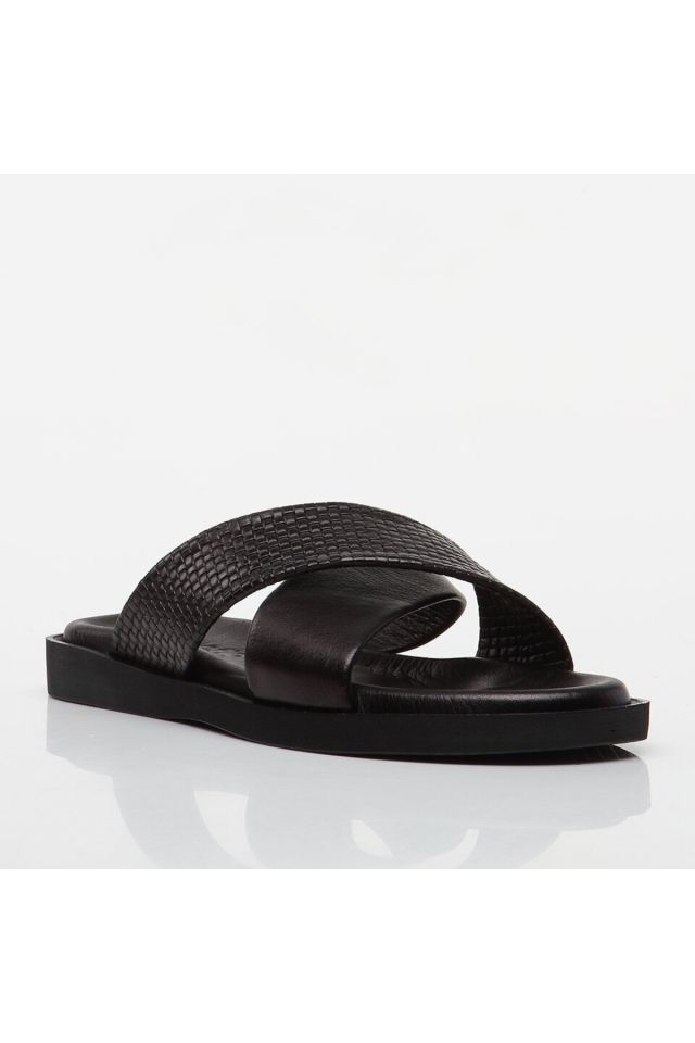 Genuine Leather Black Men's Slippers