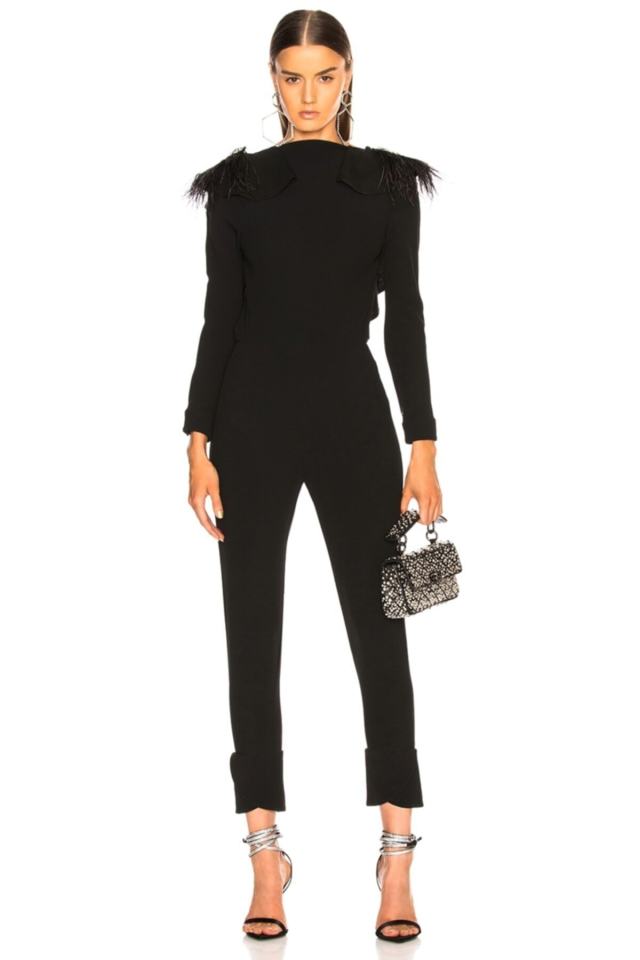Off-Shoulder Ostrich Feather Backless Jumpsuit