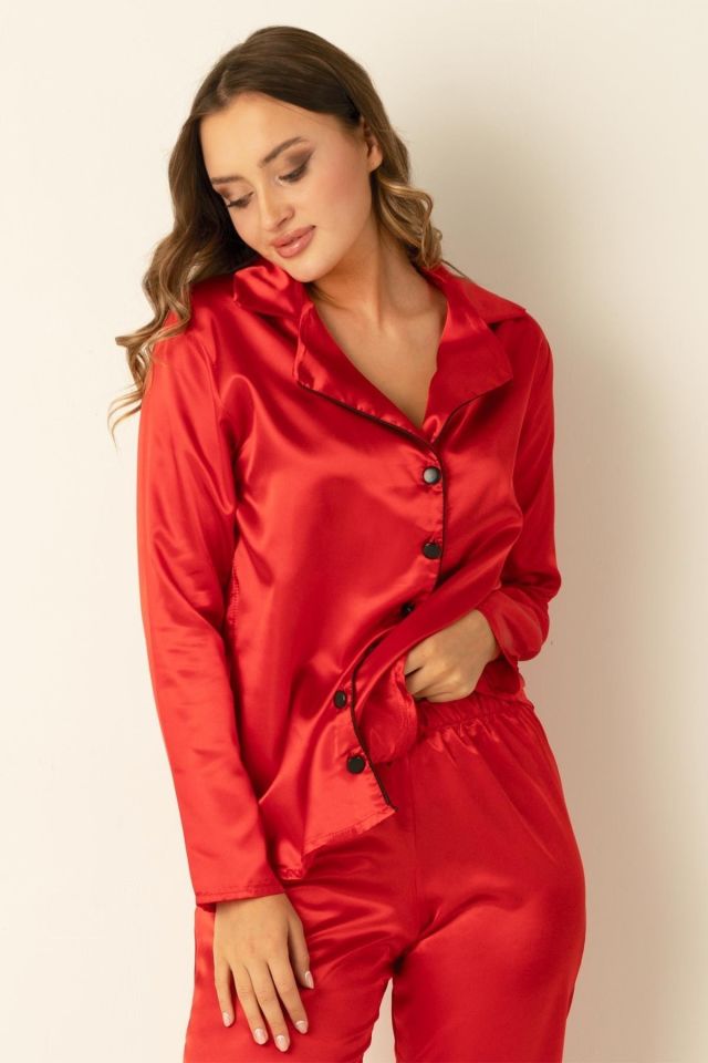 Uzun Kollu Saten Pijama Takımı