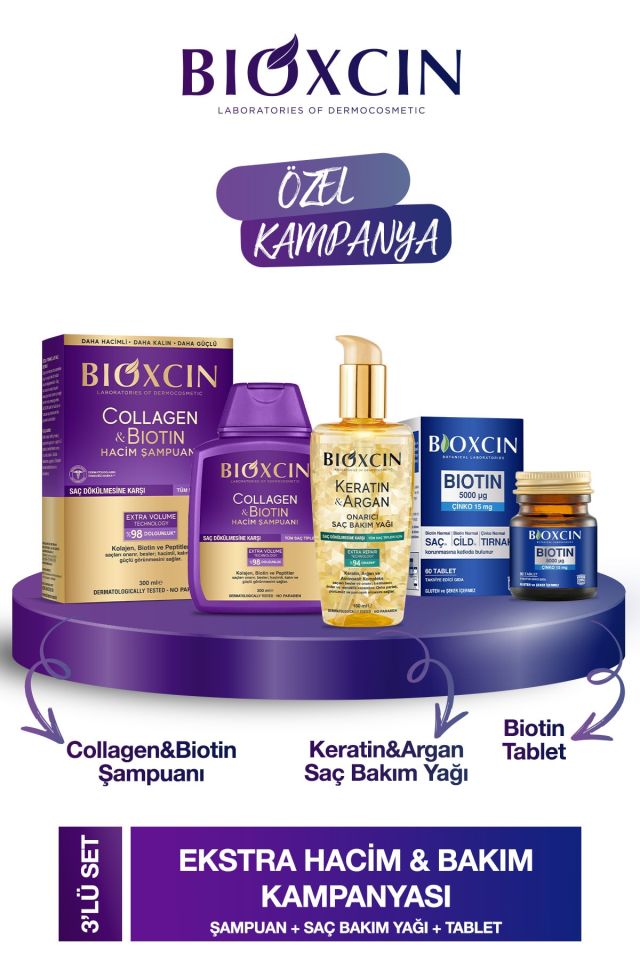 Collagen & Biotin Hacim Şampuanı 300ml + Biotin 5000 mg 60 tablet + Keratin Argan Saç Bakım Yağı