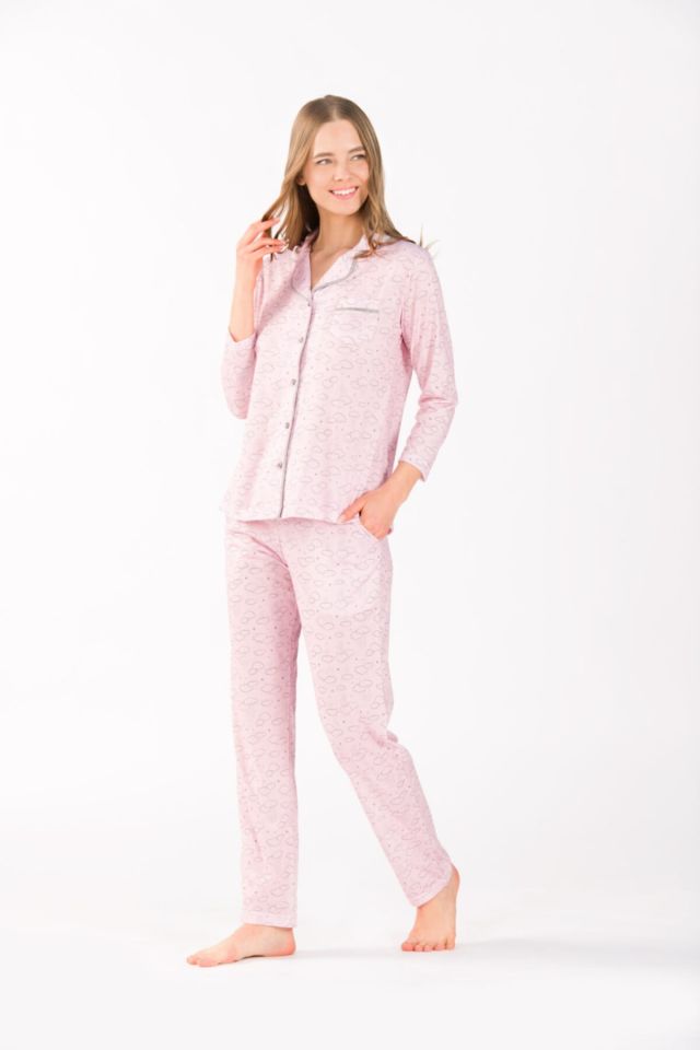 Long Sleeve Front Buttoned Viscose Women's Pajamas Set Pink