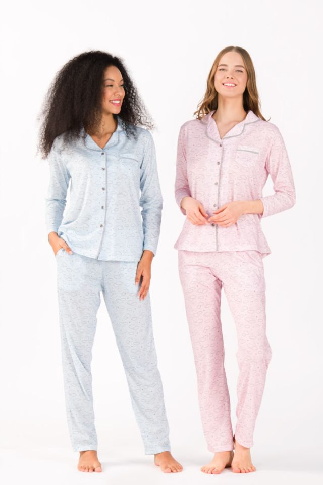 Long Sleeve Front Buttoned Viscose Women's Pajamas Set Pink