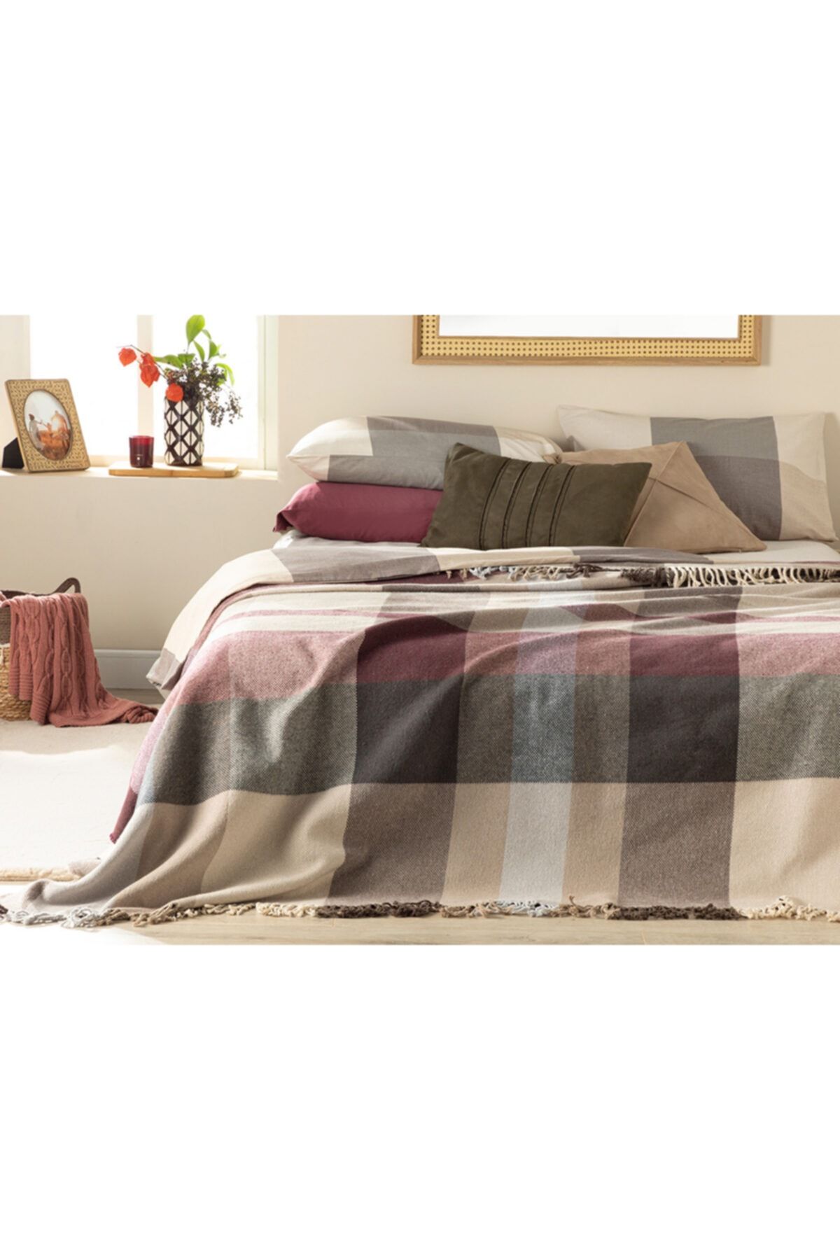 Madras Check Cotton Double Blanket 200x220 Cm Purple – Beige