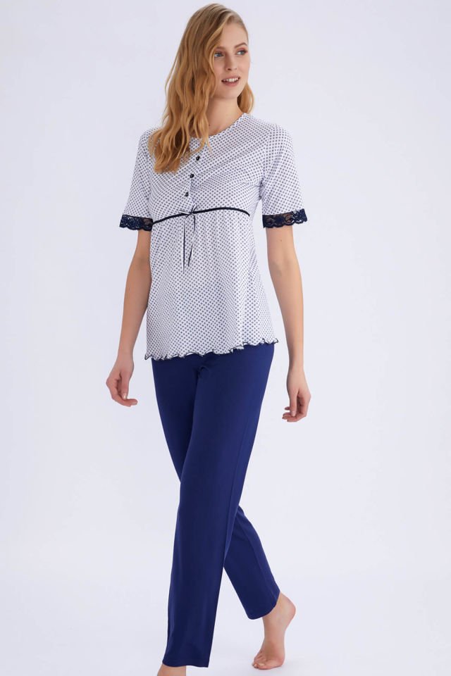 Kadın Lacivert Yuvarlak Yakalı Pijama Takımı