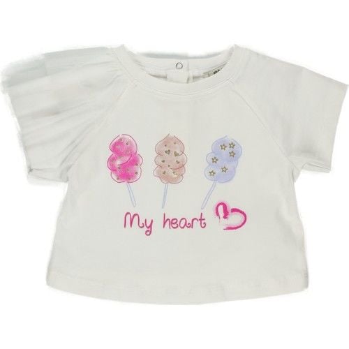 Kız Bebek Kolu Tül Detaylı Kısa Kollu T-Shirt