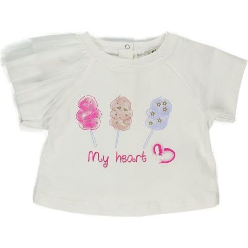 Kız Bebek Kolu Tül Detaylı Kısa Kollu T-Shirt