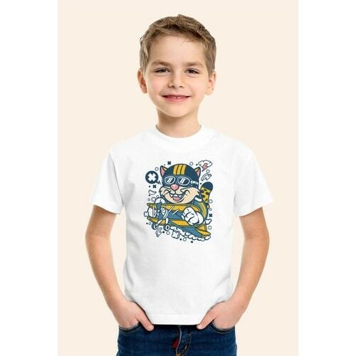 Cat Printed White Kids T-Shirt