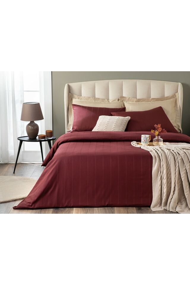 Lystra Striped Cotton Satin Double Duvet Cover Set 200x220 Cm Claret Red
