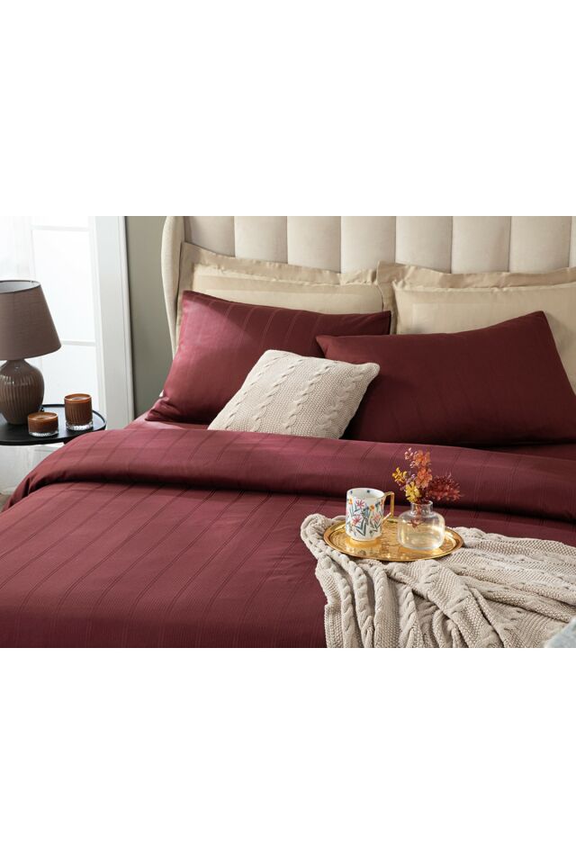 Lystra Striped Cotton Satin Double Duvet Cover Set 200x220 Cm Claret Red