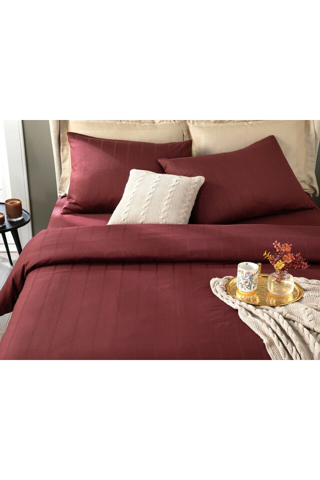 Lystra Striped Cotton Satin Double Duvet Cover Set 200x220 Cm Claret Red