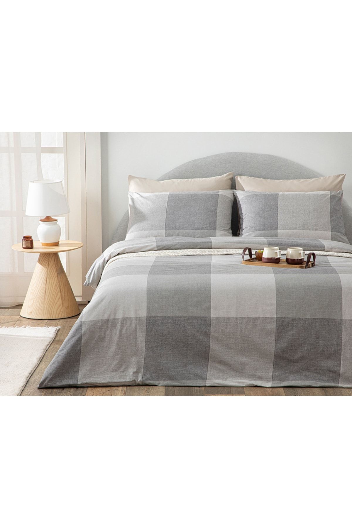 Textured Plaid Pamuklu Çift Kişilik Nevresim Seti 200x220 Cm Gri