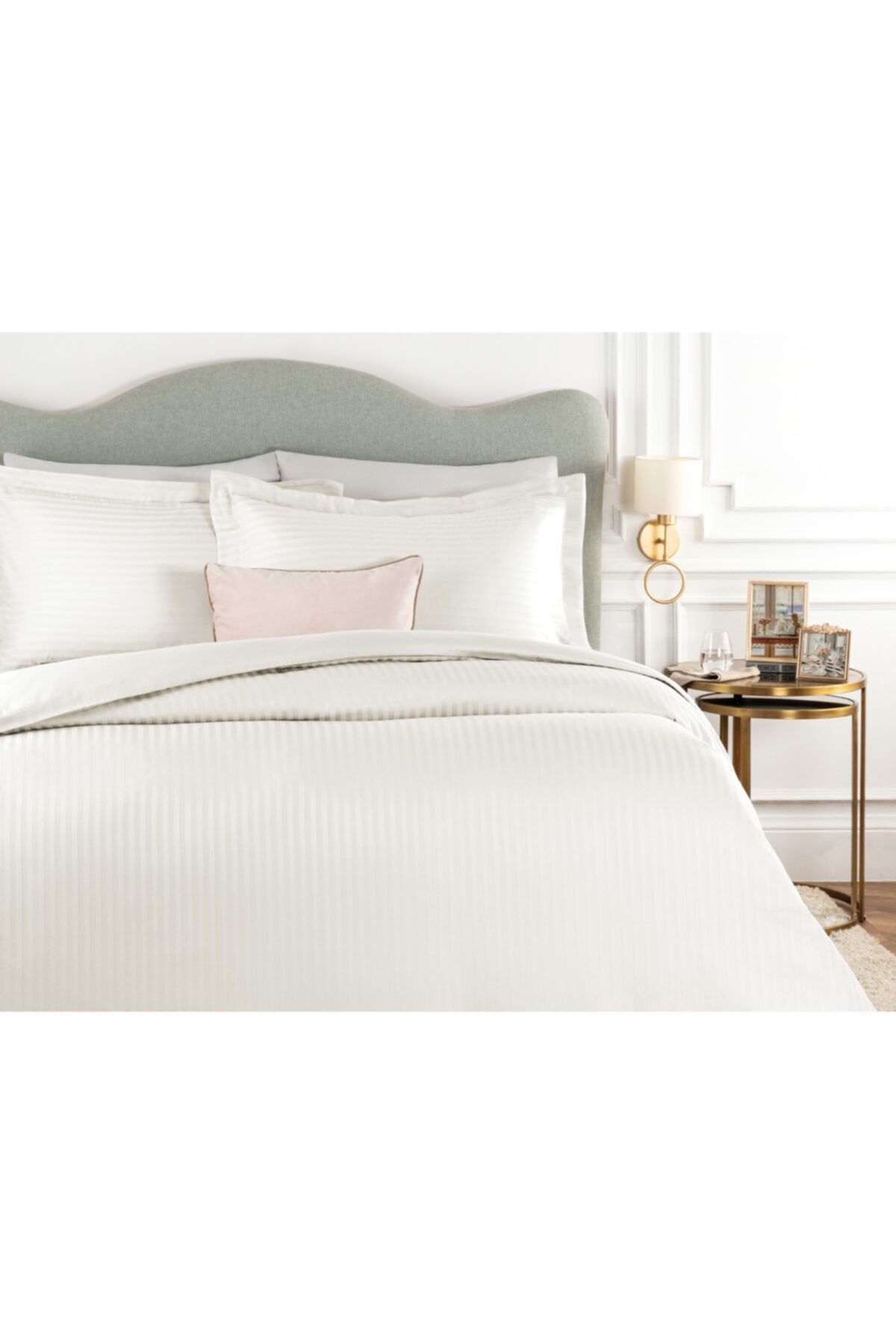 Elicia King Size Striped Satin Duvet Cover Set - Ecru