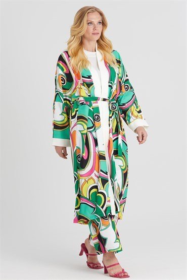 Desenli Kimono Takım YEŞİL-EKRU