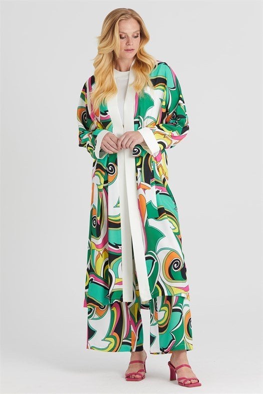Desenli Kimono Takım YEŞİL-EKRU