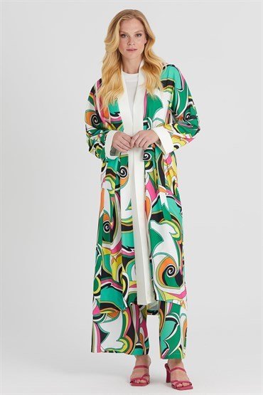 Desenli Kimono Takım YEŞİL-EKRU