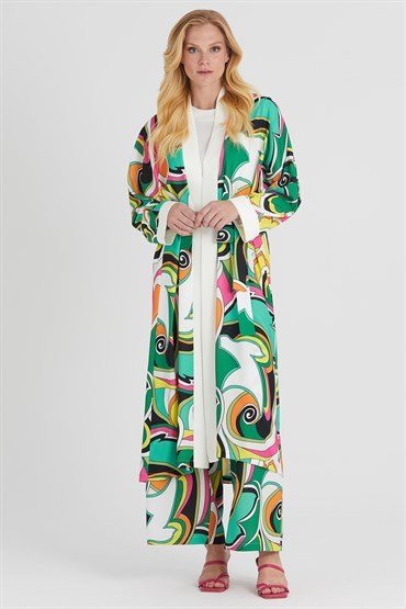 Desenli Kimono Takım YEŞİL-EKRU