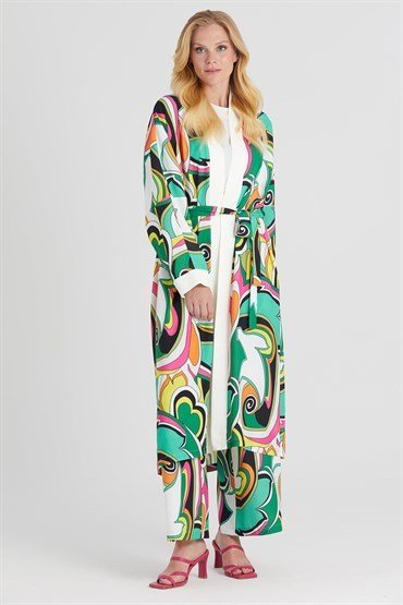 Desenli Kimono Takım YEŞİL-EKRU