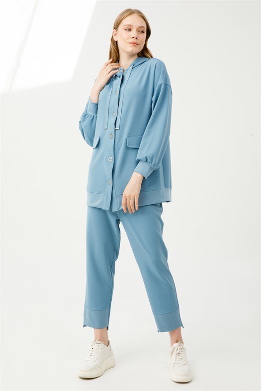 Hooded Tunic Pants Set BLUE