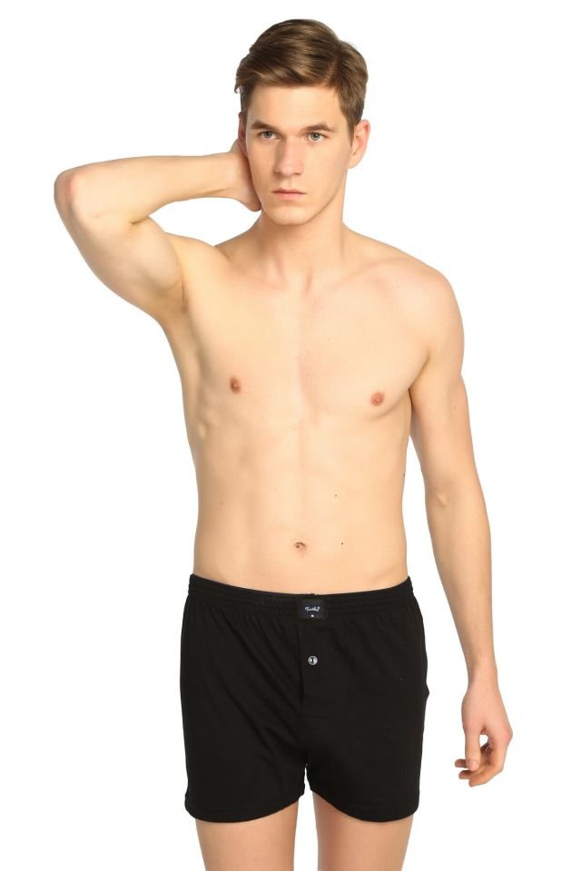 Erkek Siyah 3'lü Paket Penye Düğmeli Boxer
