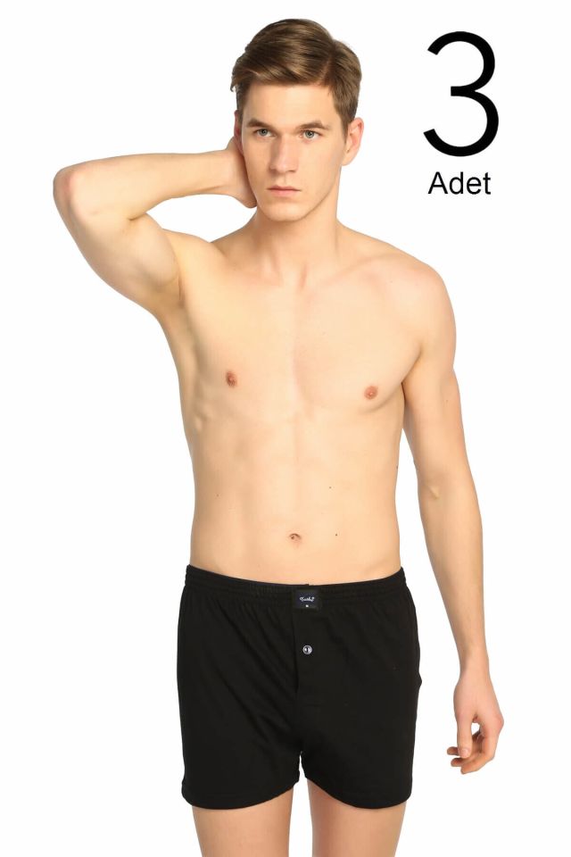 Erkek Siyah 3'lü Paket Penye Düğmeli Boxer