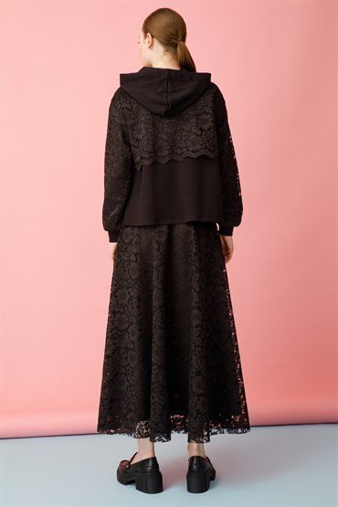 Lace Detailed Tunic Skirt Set BLACK