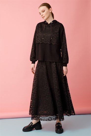 Lace Detailed Tunic Skirt Set BLACK