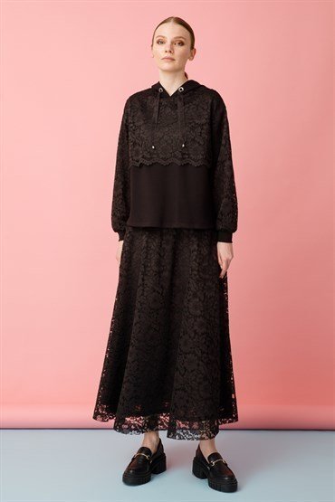 Lace Detailed Tunic Skirt Set BLACK