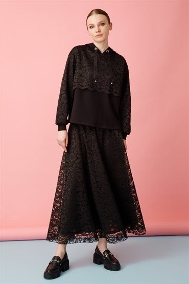 Lace Detailed Tunic Skirt Set BLACK