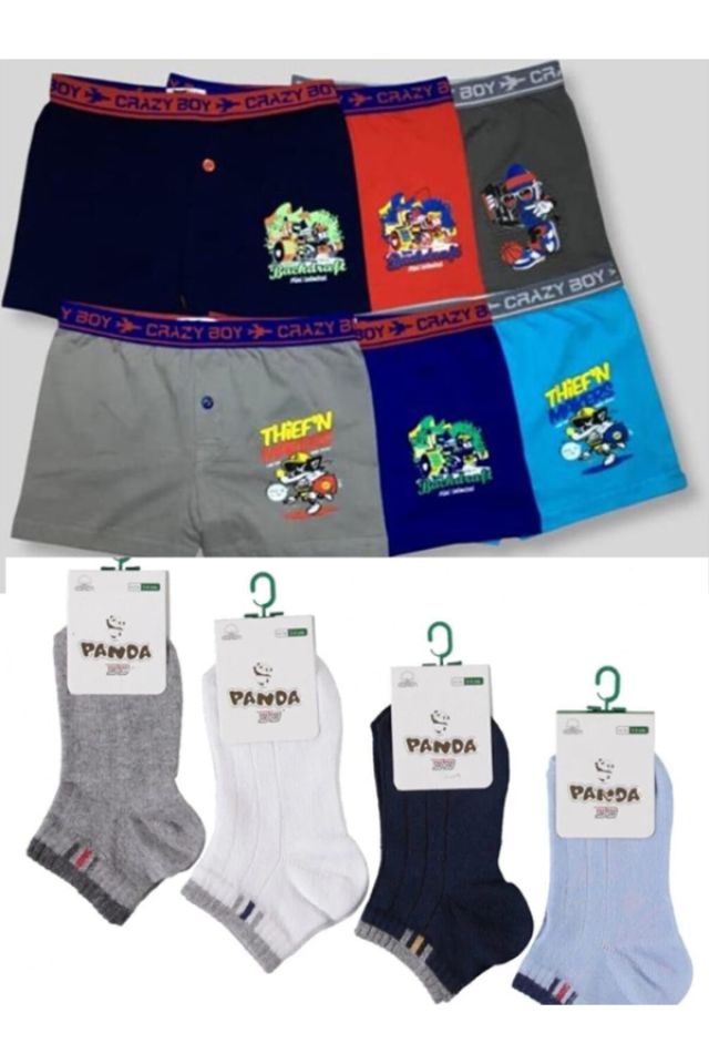 Erkek Çocuk Çok Renkli  Elastan Pamuk Baskılı Boxer 6 Adet Çocuk Patik Çorap