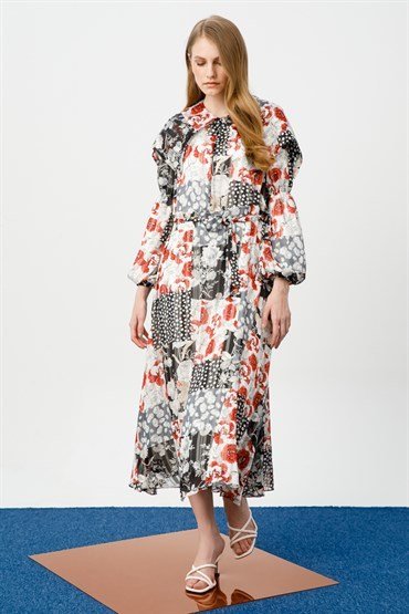 Wide Collar Floral Dress BLACK WHITE