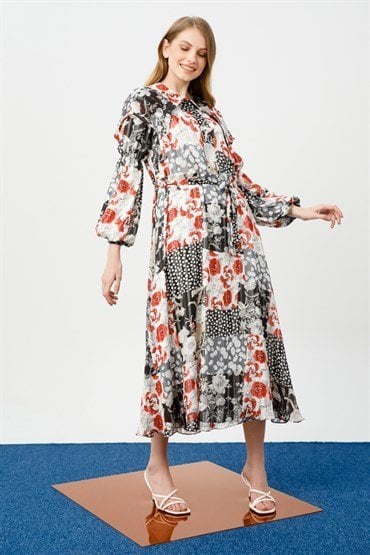 Wide Collar Floral Dress BLACK WHITE