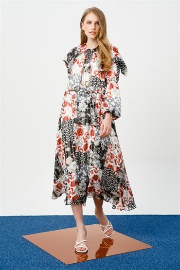 Wide Collar Floral Dress BLACK WHITE