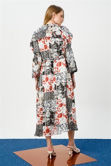 Wide Collar Floral Dress BLACK WHITE