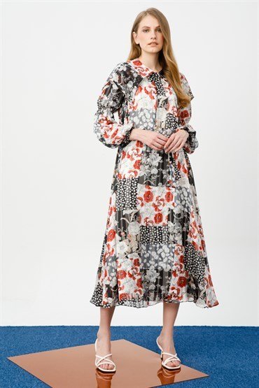 Wide Collar Floral Dress BLACK WHITE