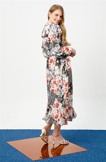 Wide Collar Floral Dress BLACK WHITE