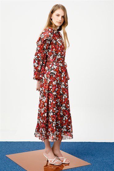 Wide Collar Floral Dress RED