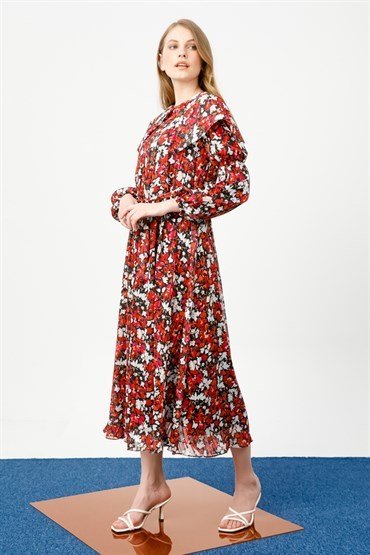 Wide Collar Floral Dress RED